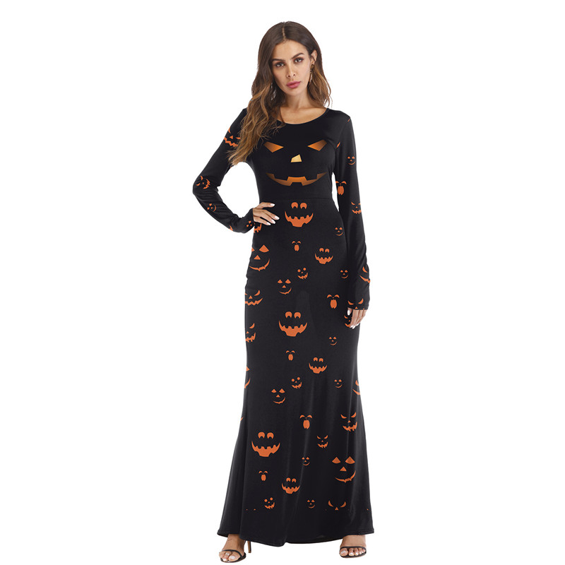 

Halloween Clothes Fashion Pumpkin Cosplay Costumes O Neck Festavil Party Sexy Long Casual Women Dreess Costumes, 01