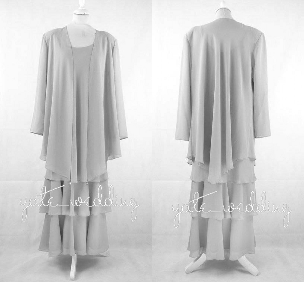 

2018 Silver Chiffon Mother Of The Bride Dresses With Jackets Scoop Neck Long Sleeves Floor Length Mother Of The Groom Dresses