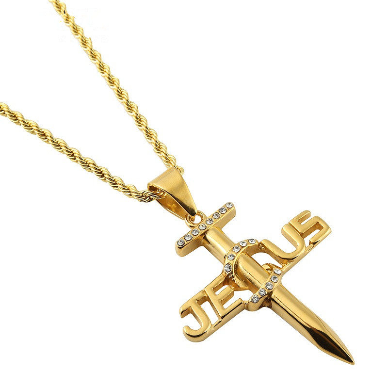

Fashion Men Boys Nail Cross Pendant Necklaces Punk Stainless Steel Jewelry Cool Sport Mens Gold Color Rhinestone Design Accessories Gift