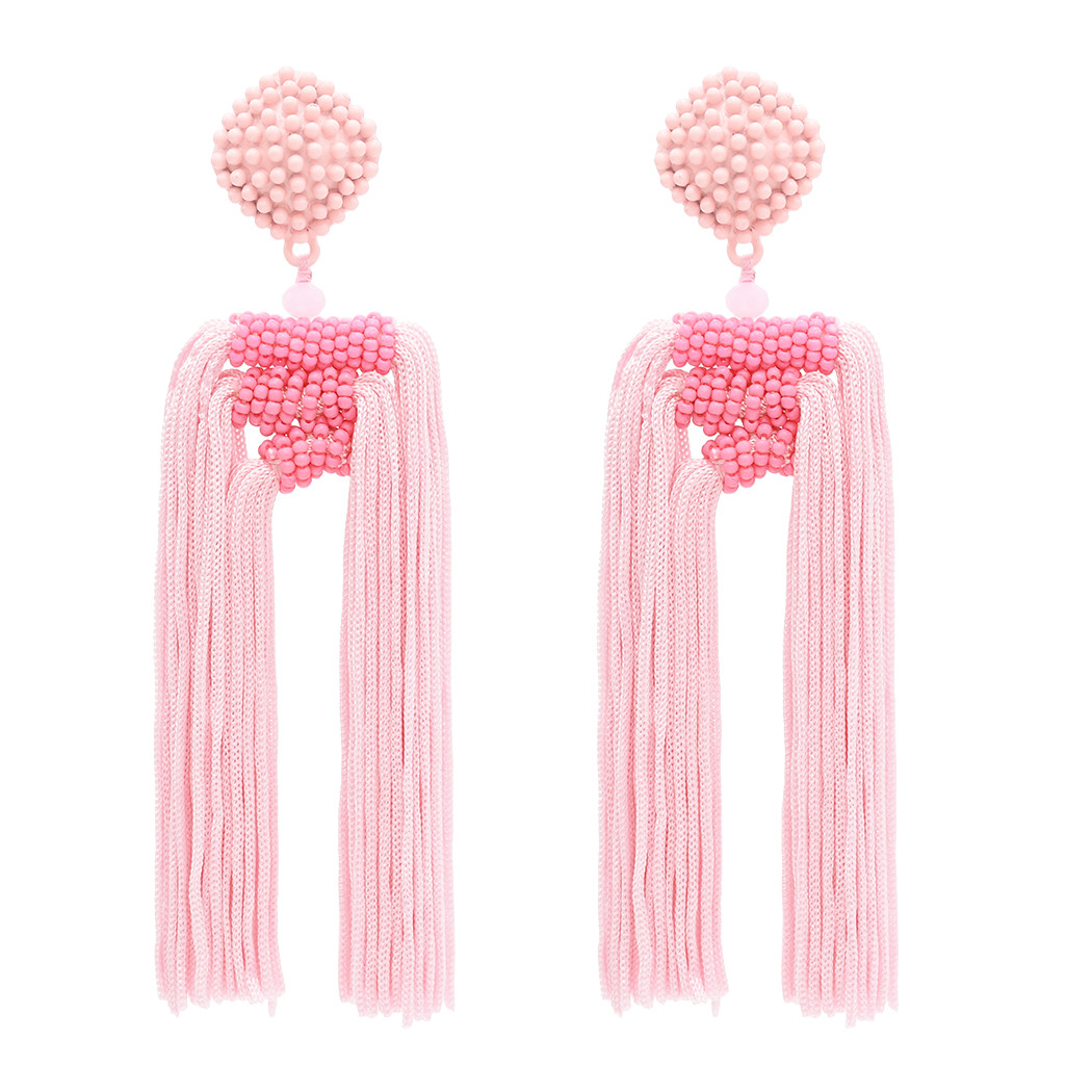

idealway Women's Statement Thread Beaded Tassel Earrings Long Fringe Drop Bohemian Earing with Button Stud Jewelry Design