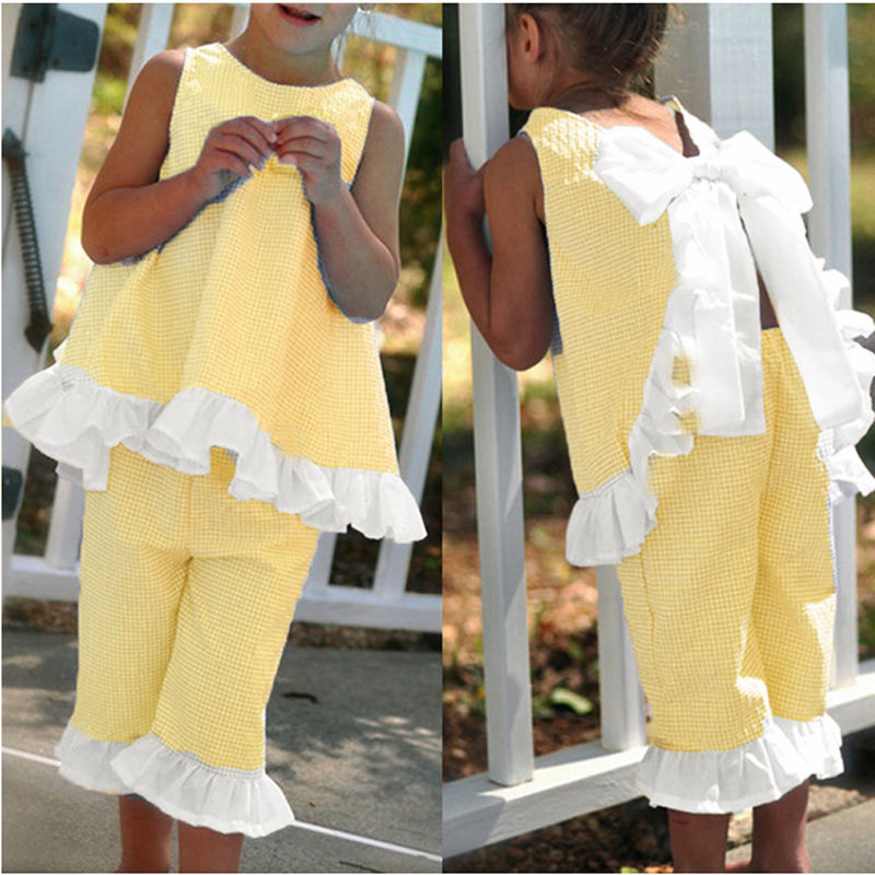 

Summer Girls Clothing Sets Ruffled Bow Tie Tops and Pants Suits Baby Clothes Baby Grid Shirts Shorts Girl Fashion Petal Outfits, Blue