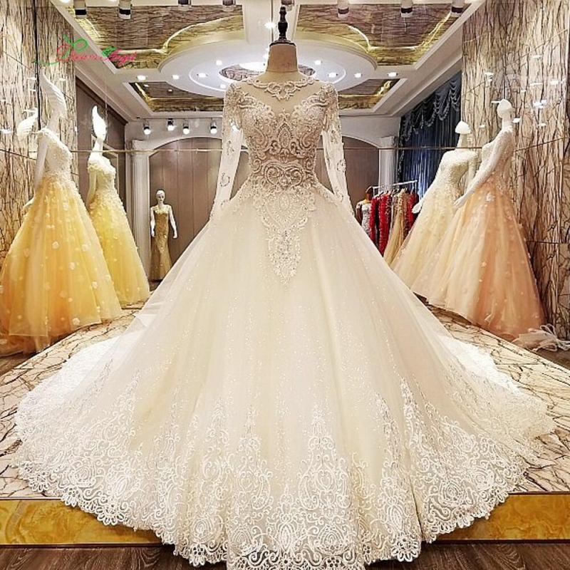 

Amazing Beading Wedding Dresses Illusion Top Long Sleeves Bridal Gowns A Line Lace Appliques Court Train Wedding Vestidos Custom Made, Pink