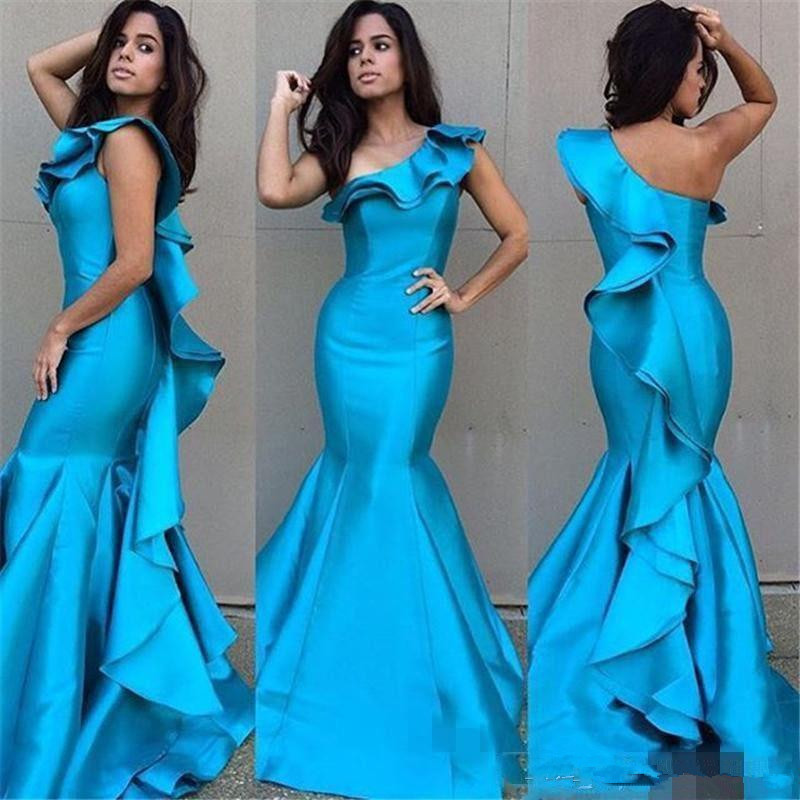 

2018 Sexy Mermaid Evening Dresses Blue Mermaid Satin Indian Cheap Elegant Long Party Prom Gowns Ruffles One Shoulder Party Women Dress, Brown