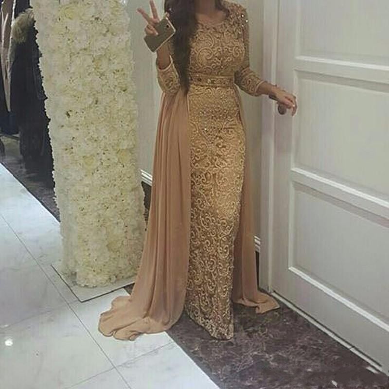 

2018 Gold Mermaid Arabic Evening Dresses Jewel Neck 3/4 Long Sleeves Full Lace Applique Beaded Sashes With Detachable Train Prom Party Gowns, Grape