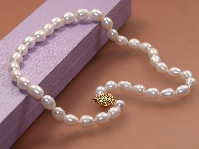 

Cultured Clasp White Rice Natural 14K Akoya Pearl 18" GP Genuine Necklace 7-8mm Khnun, Silver