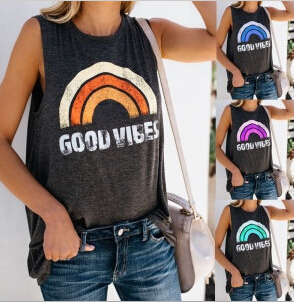 

Sleeveless Women Rainbow T-shirts Summer Casual Female Tank Tops Tee, Green