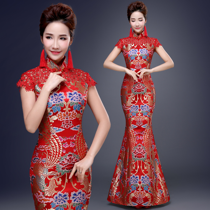 

New Fashion Red Chinese Wedding Dresses Vintage Traditional Chinese Women Long Cheongsam Qipao Elegant Banquet party Dresses