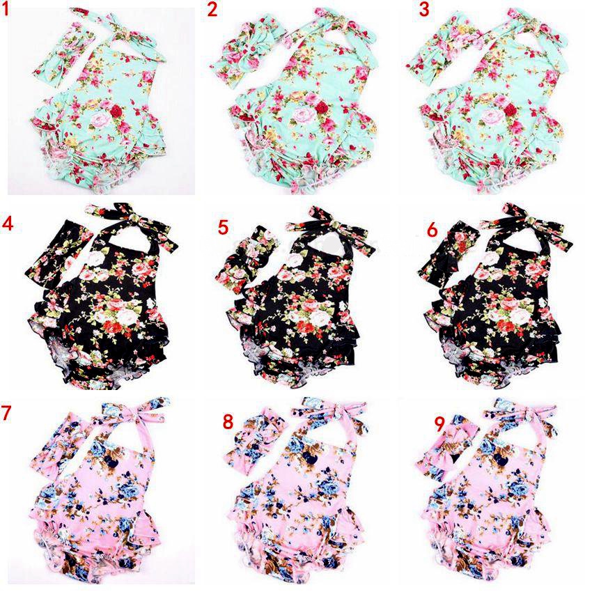 

INS Baby Floral Print Outfits Fashion Romper Sets Flower Romper Hairband Floral Onesies Headband Overalls Bowknt Kids Clothing Baby Clothes, 1lot=1set=2pc=1pc romper +1pc headband