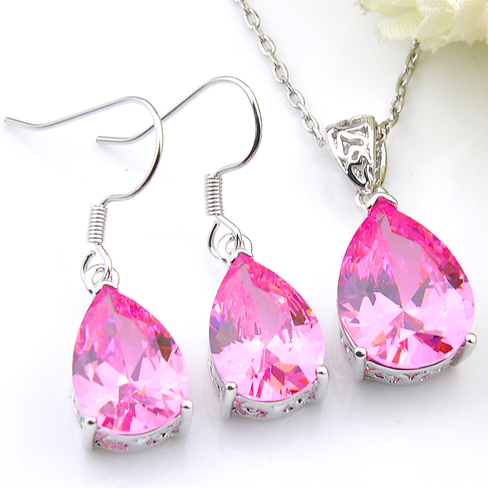 

Luckyshine 5 Set Lot Water Drop Pink kunzite Gemstone 925 Silver For Women Crystal Zircon Necklaces Pendant Earrings Wedding Jewelry Sets