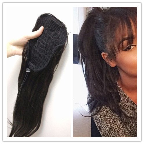 

Cheap wholesale Women human hair pony tail extension clip in peruvian virgin hair ponytail human hair piece natural color unprocessed 120g