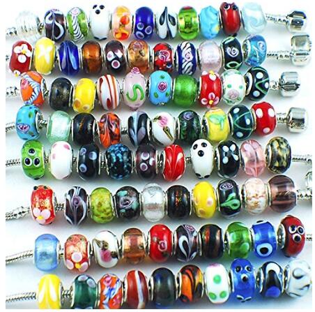 

Tsunshine Murano Glass Beads Large Hole Silver Plated European Lampwork Spacer Bead Bracelets Charm for Jewelry Making Adults 50 Pcs Mix, Crystal