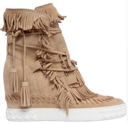 

Free Shipping 2018 New Arrival Fashion Women Candy Color 80 mm Fringe Suede Height Increasing Wedge Ankle Boots Round Toe Boots, As picture