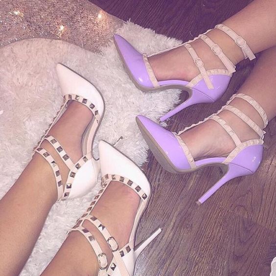 

Patent Leather Women Stud Sandals Point Toe Two Ankle Buckles Rivets Female Party Sandals Ladies Sexy High Heels Neon Color Dress Shoes