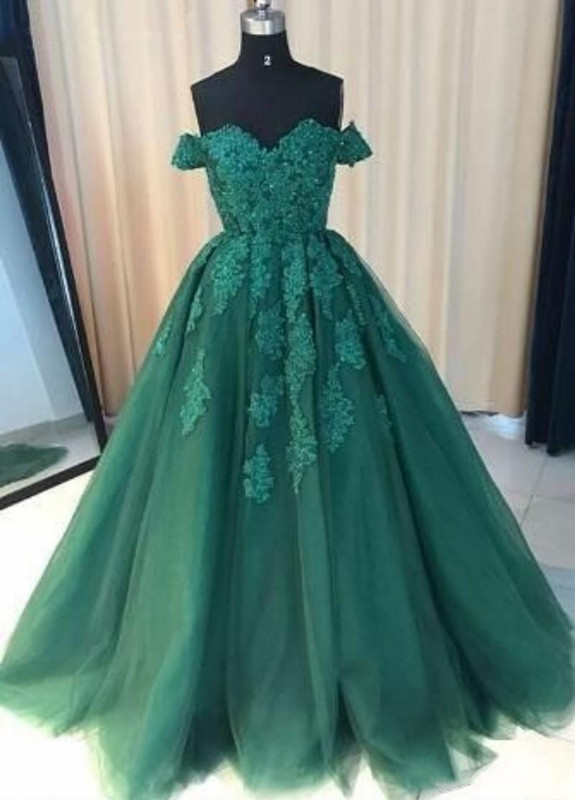

Hunter Green Lace Appliques Prom Dresses Off Shoulder A-line Evening Gowns Soft Tulle Plus Size Prom Party Dress, White