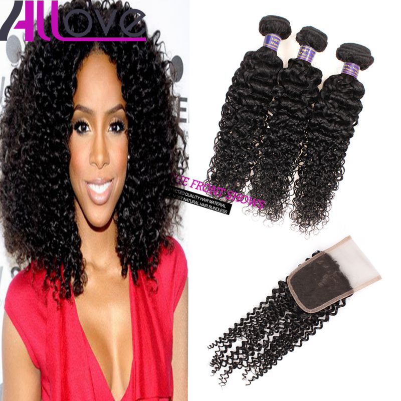 

Allove 8A Brazilian Virgin Human Hair Bundles Wefts Kinky Curly 3pcs with Lace Closure Malaysian Peruvian Extensions Wholesale for Women All Ages Jet Black 8-28inch, Natural color