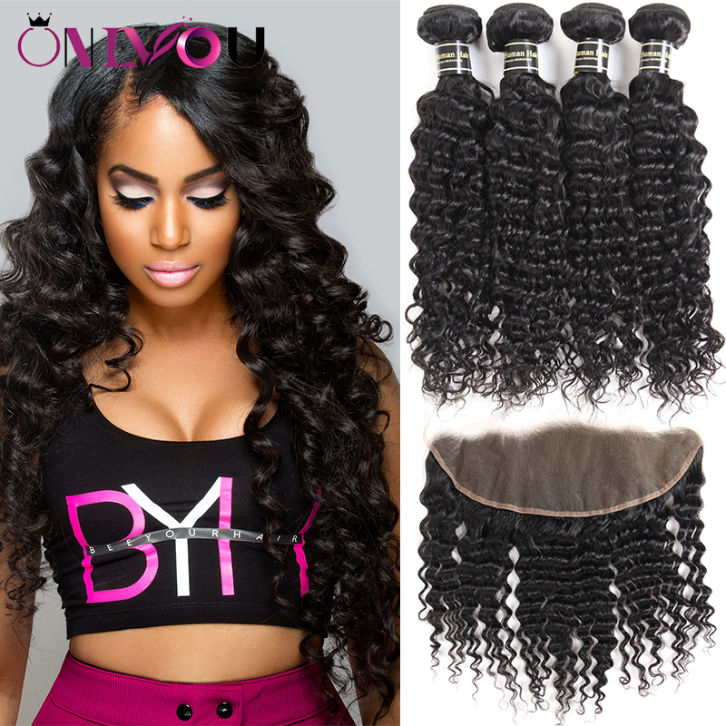 

Mink Brazilian Body Deep Water Wave Straight Kinky Curly Virgin Human Hair Weave 4 Bundles with Closure and Lace Frontal Bundle Deal Weaves
