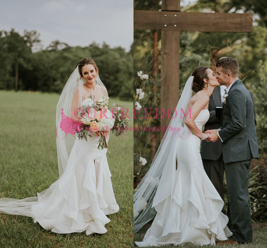 

2019 Elegant Boho Rustic Wedding Dresses Sweetheart Neck Ruffles Tiered Skirts Mermaid Bridal Gown For Beach Garden Wedding Custom Made, White