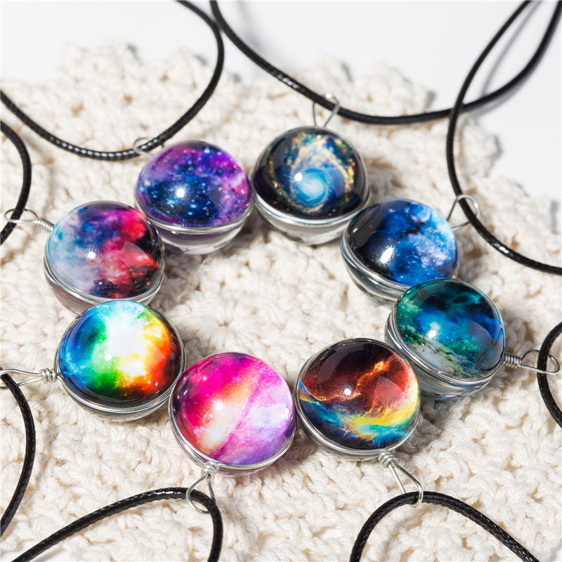 

Collares Duplex Planet Crystal Stars Ball Glass Galaxy Pattern Leather Chain Pendants Maxi Necklace For Womem Girlfriend Gift