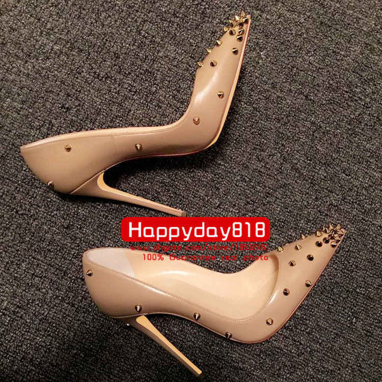 

Free shipping fashion women pumps Nude matte real leather studded spikes point toe high heels thin heel boots shoes real photo 120mm, Nude 12cm