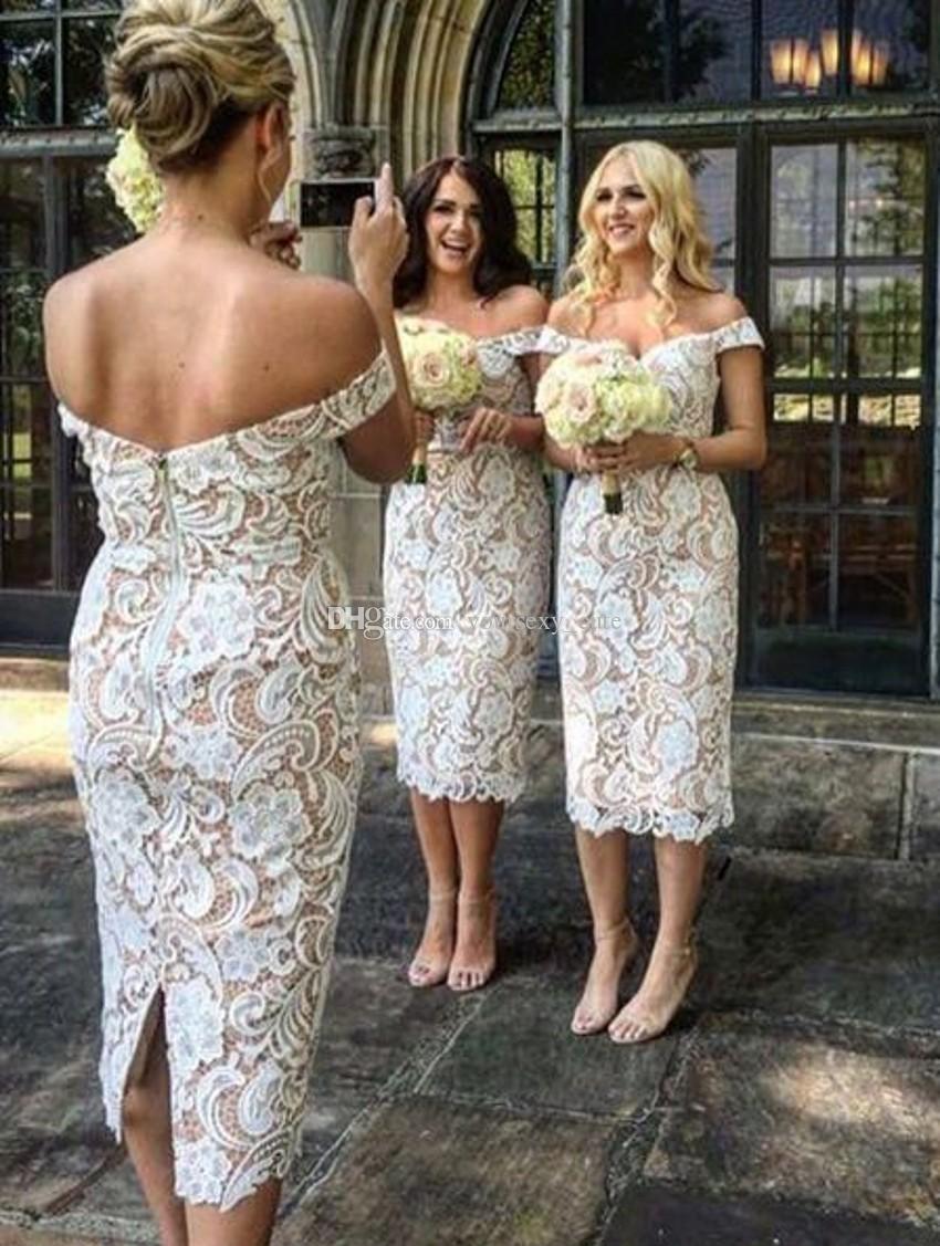 

Off Shoulder Sheath Knee Length Backless Ivory Nude Wedding Guest Dresses Short Bridal Dresses 2018 Elegant Lace Short Bridesmaid Dresses