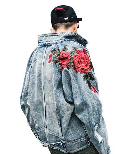 

New Men's Clothing Denim Jacket 3D Rose Flower Embroidery Vintage Frayed Hole Coats High Street Hip Hop Outerwear, Blue