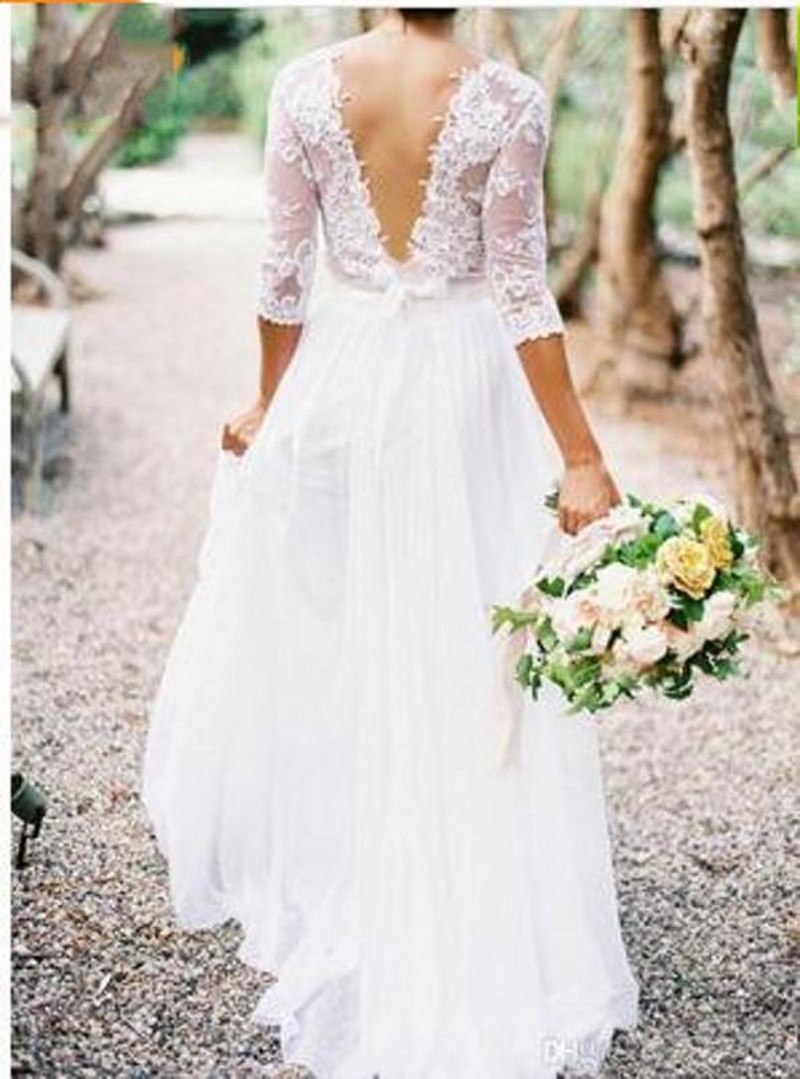 

2020 New Bohemian Wedding Dresses Lace 3/4 Long Sleeves V-neck Low Back A-line Chiffon Plus Size Summer Beach Country Bridal Wedding Gown, Ivory