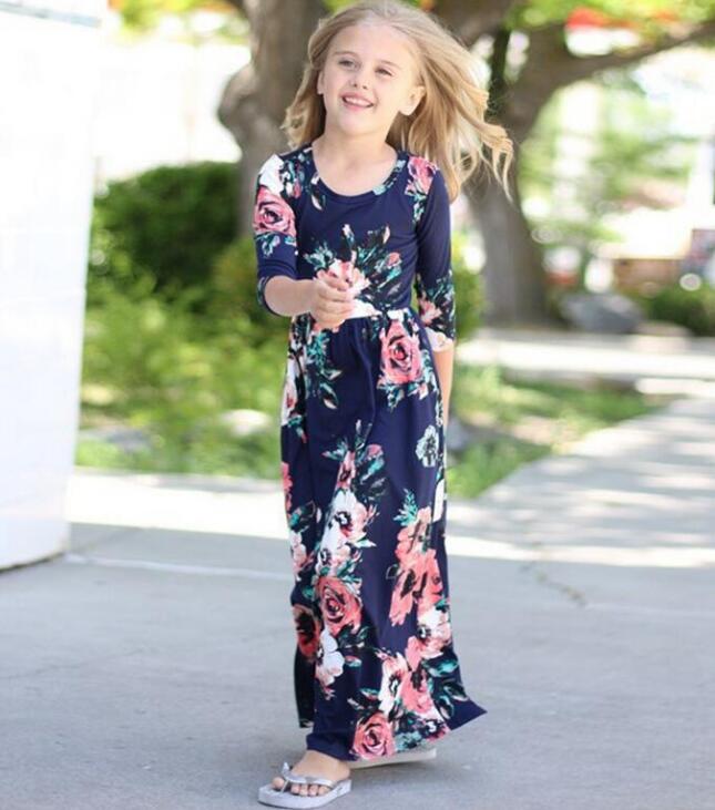 

Long Dress Fashion Trend Bohemian Dress for Girls Beach Tunic Floral Autumn Maxi Dresses Kids Party Princess Dresses, Blue