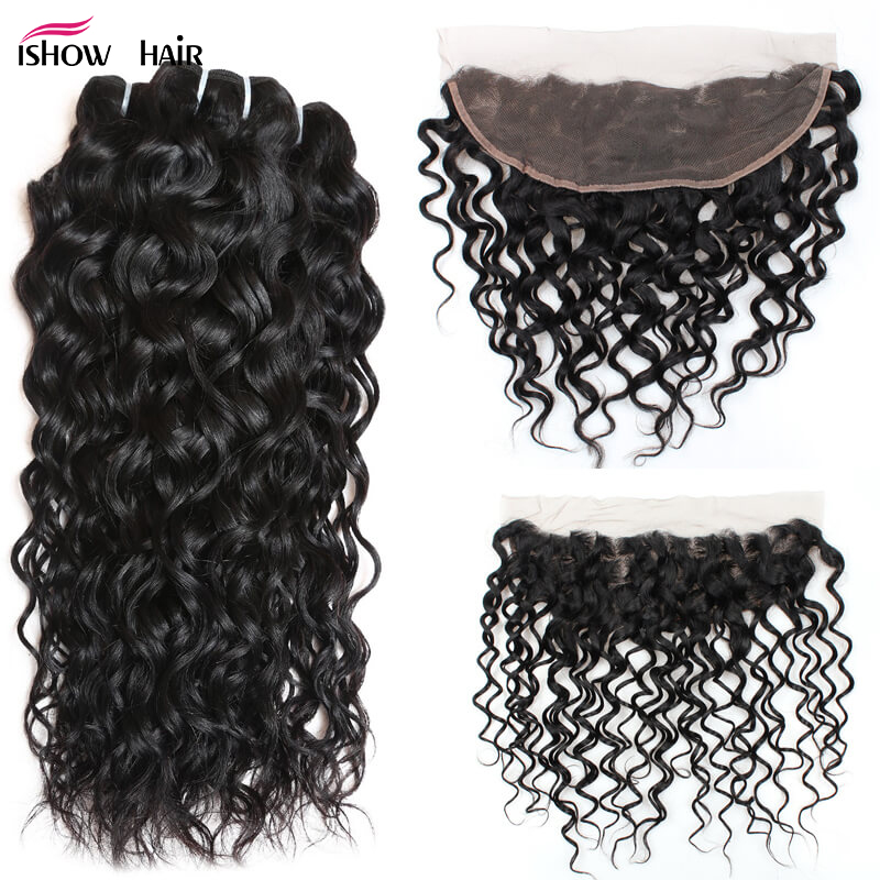 

Most Popular Ishow Brazilian Peruvian Malaysian Indian Water Wave 3 Bundles With 13*4 Lace Frontal 8A Natural Black Color Cheap Virgin Hair, Natural color
