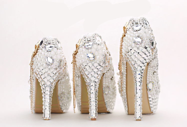 

crystal wedding shoes luxury round toe rhinestone pearl bridal shoes high heel ecru white dress shoe