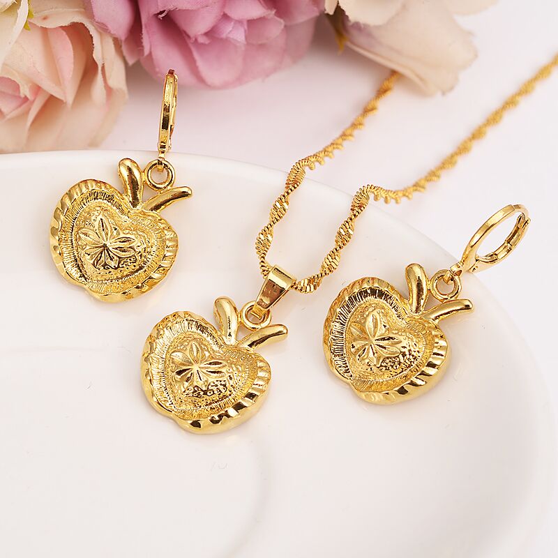 New Christmas Yellow Fine gold Filled big apple Bridal Jewelry Set Rabbit ear pendant Earrings kids Wedding Jewelry gift-image-415122354