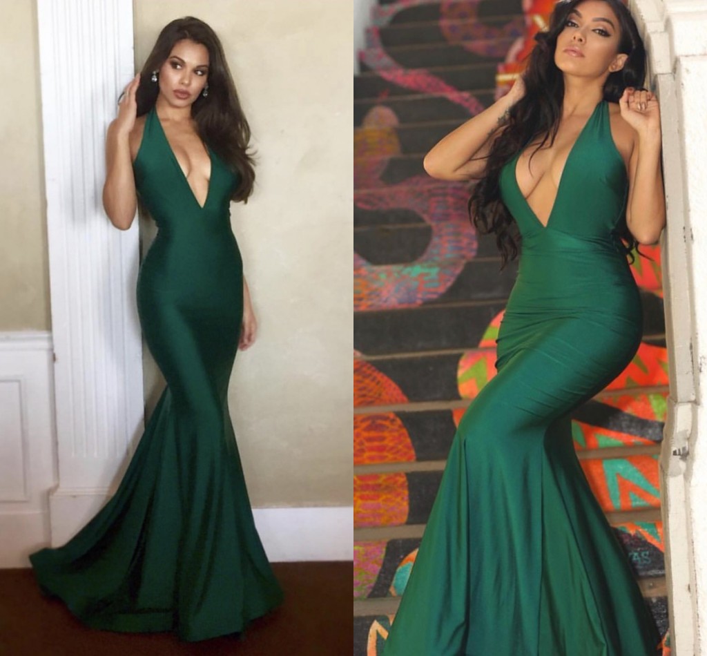 

Dark Green Mermaid Evening Dresses Sexy Deep V Neck Halter Satin Backless Floor Length African Prom Dresses Sweep Train, Royal blue