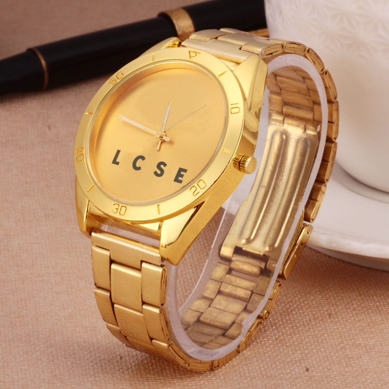 

Fashion brand women's Men's unisex crocodile style dial Steel metal band watch, Gold