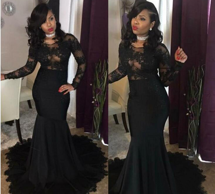 

Sexy Mermaid Prom Dresses with long sleeves black Lace Elegant Party Formal Dresses Long Evening Gowns, Red