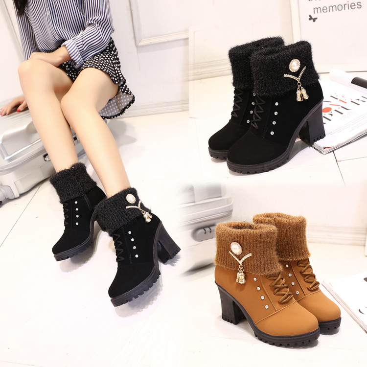 2018 new European autumn winter Martin boots female British style high-heeled boots with thick cotton padded shoes and boots cashmere mother