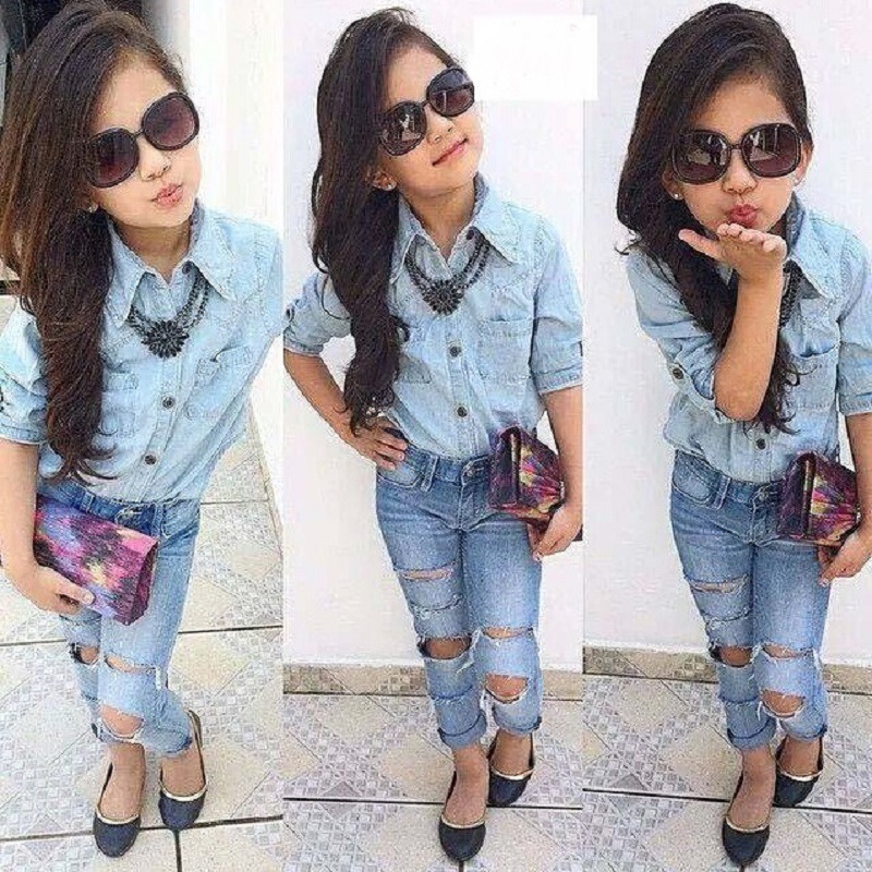 

Toddler Kids Baby Girls Denim T-shirt Tops+Broken Hole Jeans Pants Children Costumes Summer Clothes suits Girls Clothes Sets 1-5Years, Mix