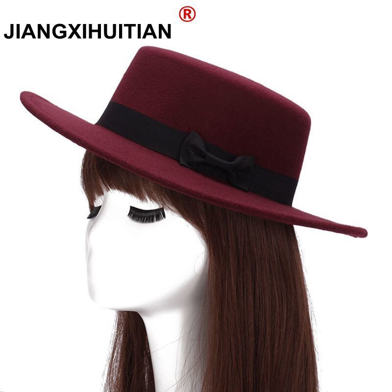 

New Wool Boater Flat Top Hat For Women's Felt Wide Brim Fedora Hat Laday Prok Pie Chapeu de Feltro Bowler Gambler Top