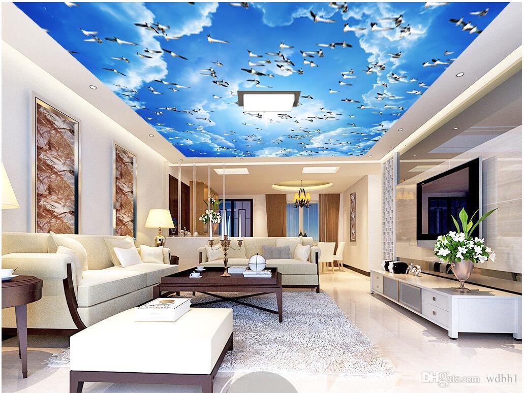 

3d ceiling murals self adhesive wallpaper custom mural Blue sky, white clouds, sky, small birds, ceiling, ceiling, muralwall-papers 3 d, Sky blue
