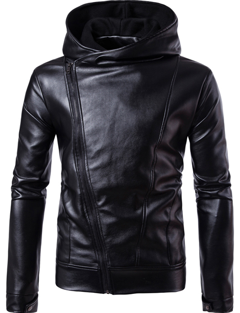 

Wholesale- Zipper Hooded Men Leather Jacket PU Leather Motorcycle Men Jacket Fashion Streetwear Slim Fit Jacket Solid Color Hat Available, Black