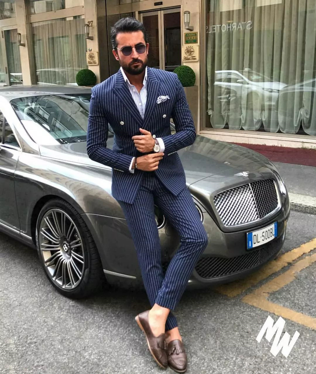 

Navy Blue Pinstripe Mens Suits Slim Fit Two Pieces Wedding Grooms Tuxedos Cheap Double Breasted Formal Prom Suit (Jacket+Pants), Light gray