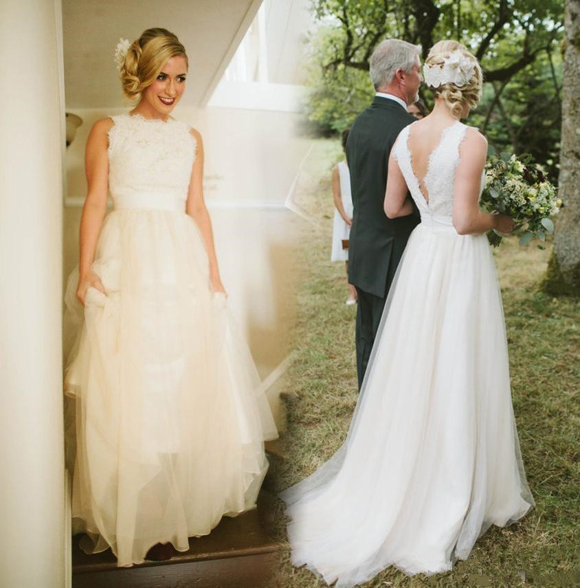 

Long Sweep A Line Tulle Country Wedding Dresses Cheap Jewel Neck Lace V Backless Bridal Gowns, Champagne