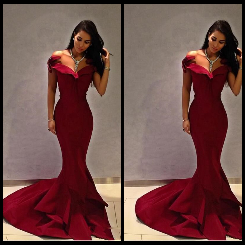 

Simple Dark Red Mermaid Prom Dresses Cap Sleeves with Bow Ruffles Sweep Length Satin Sheath Prom Gowns Evening Dresses 2020, Purple