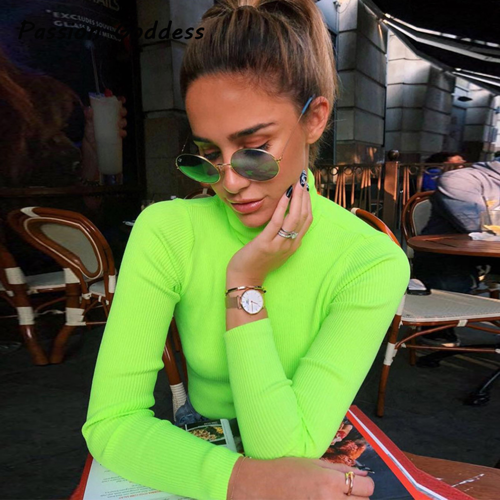 2018 Autumn Womens Long Sleeve Tops Turtleneck Solid Green Shirts Pullovers Shirts Slim Fit Basic Bottoming Shirt Winter