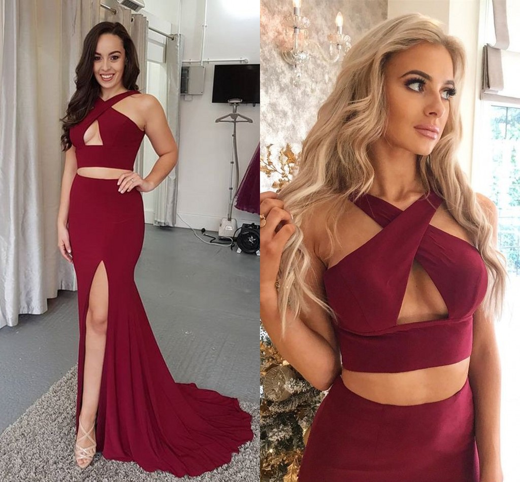 

Unique Neck Designer Wine Evening Formal Gowns Long Chiffon Halter Open back High Slit Sheath Sweep Train Two Pieces Cheap Prom Party Dress, Ivory