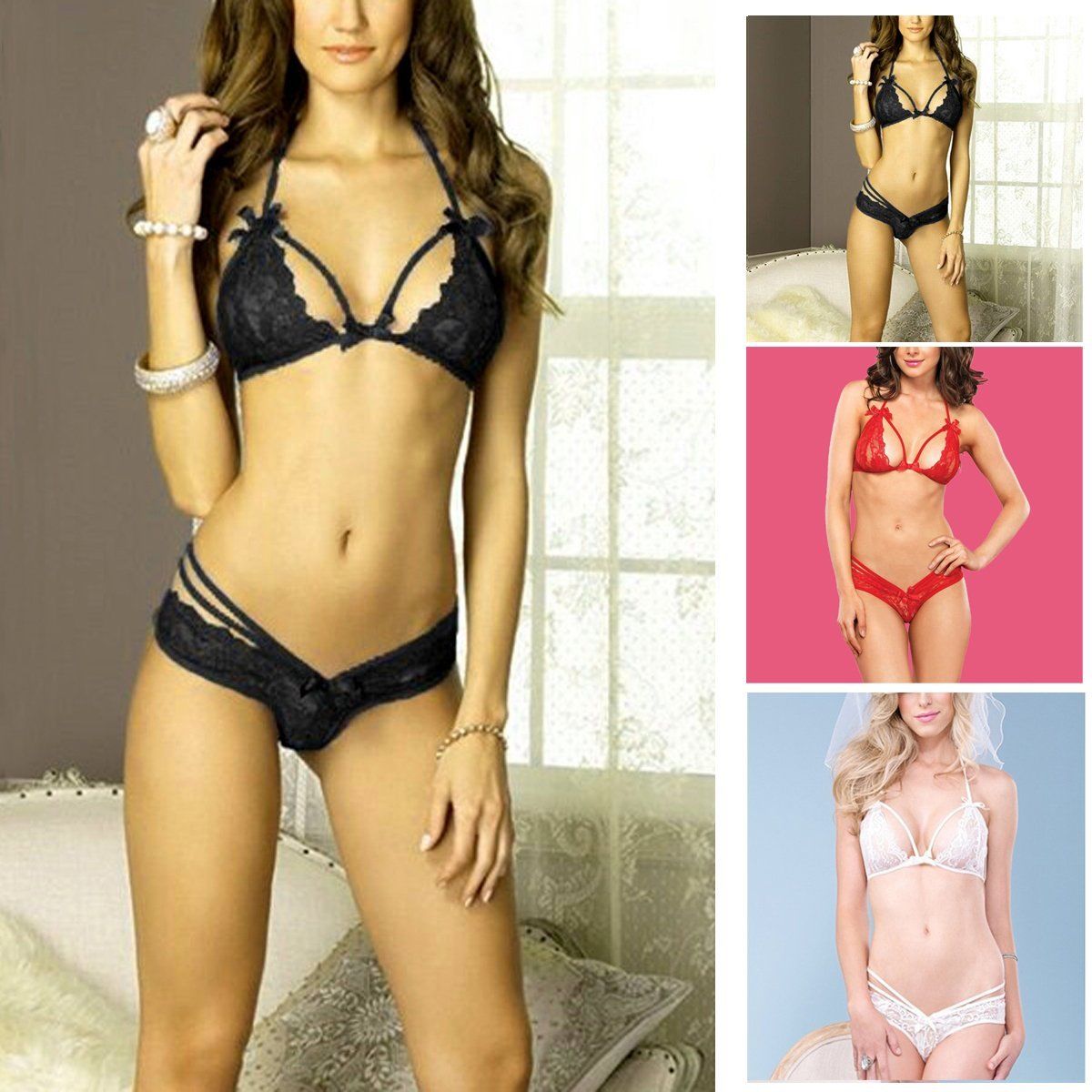 

Sexy Women Lace Dress Lingerie Underwear Sleepwear G-string Bra BabyDoll, Red