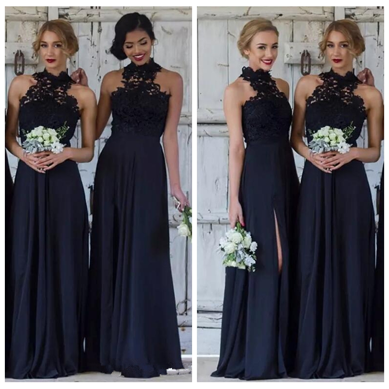Lace Navy Blue Sleeveless Long Bridesmaid Dresses Lace Top A Line Chiffon Side Split Maid Of Honor Gowns Wedding Guest Wear