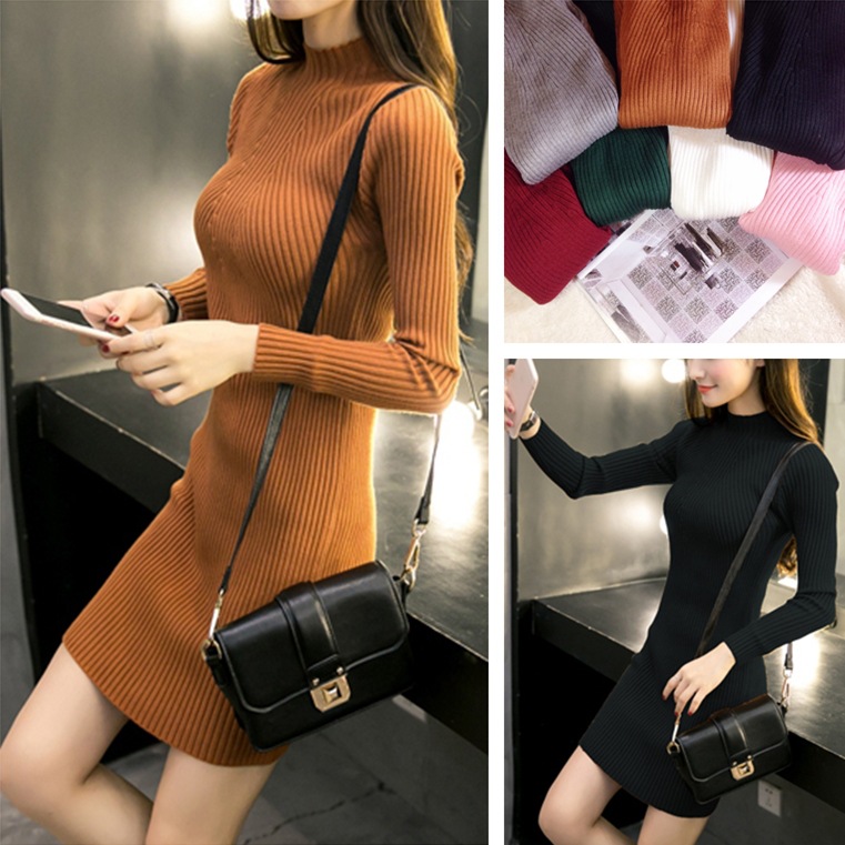 High Quality Knitted Cotton Skinny Stand Collar Women Sweater Dresses Elastic Plus Size Winter Warm Vestidos Feminino