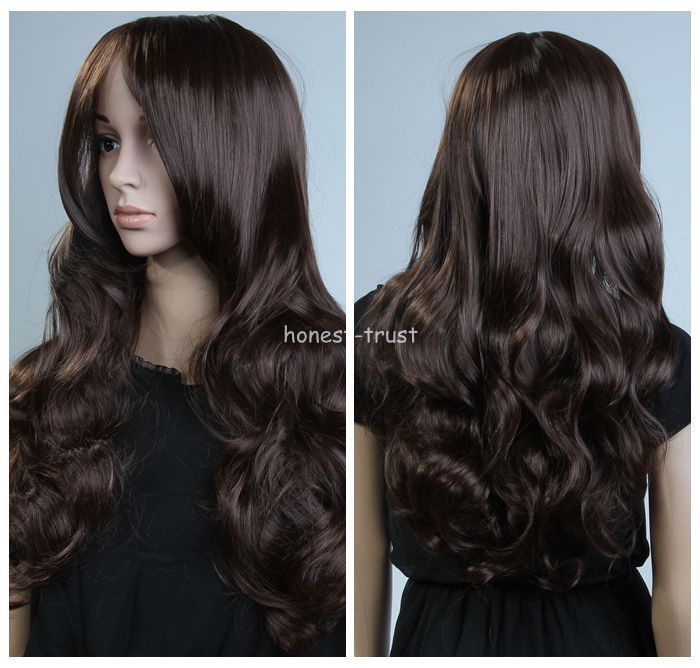 

Lolita Women 55CM Long Curly Wavy Dark Brown Hair Heat Resistant Cosplay Wigs, Picture color