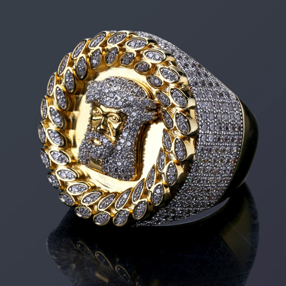 

Luxury Men Gold Tone Hip Hop Jesus Face Ring Micro Pave Cubic Zirconia Simulated Diamonds Rings Size7-12 Bling Bling Jewelry