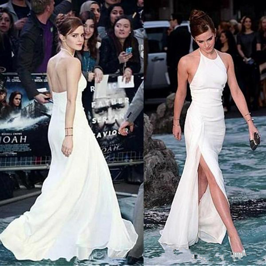 

2020 New Elegant Emma Watson Celebrity Dresses Halter Neck Backless White Chiffon Side-split Floor-Length Evening Dresses Prom Party Gowns, Chocolate