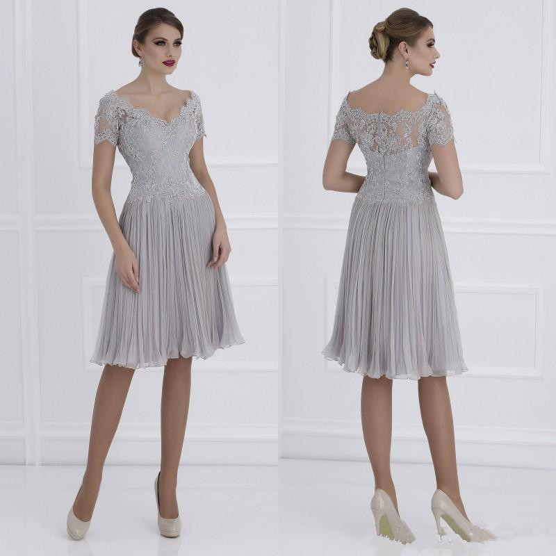 

Knee Length Silver A-Line Mother of the Bride Dresses Chiffon Lace Applique Short Formal Mother's Dress Custom Made